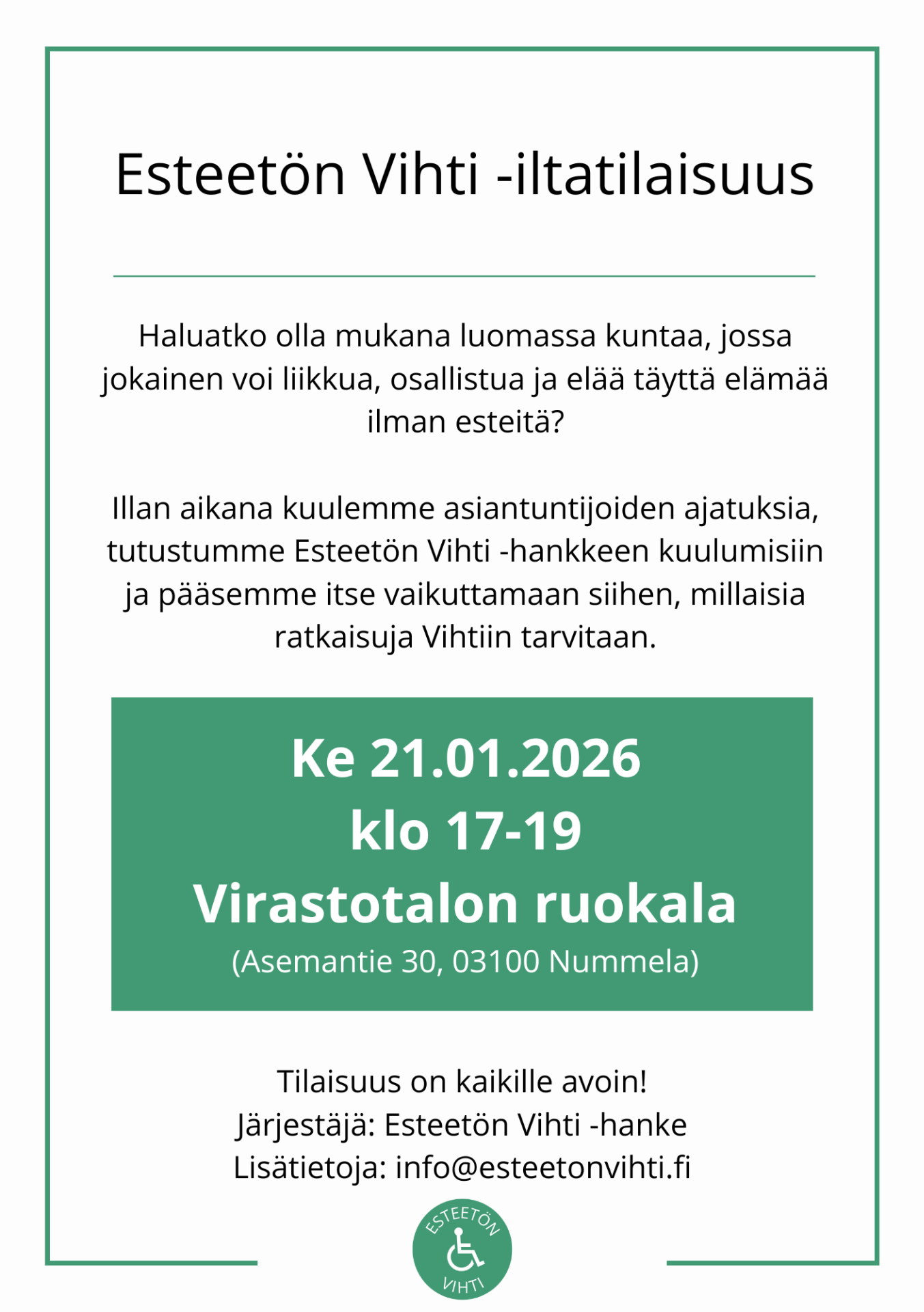Esteetön Vihti hankkeen -iltatilaisuus kutsu