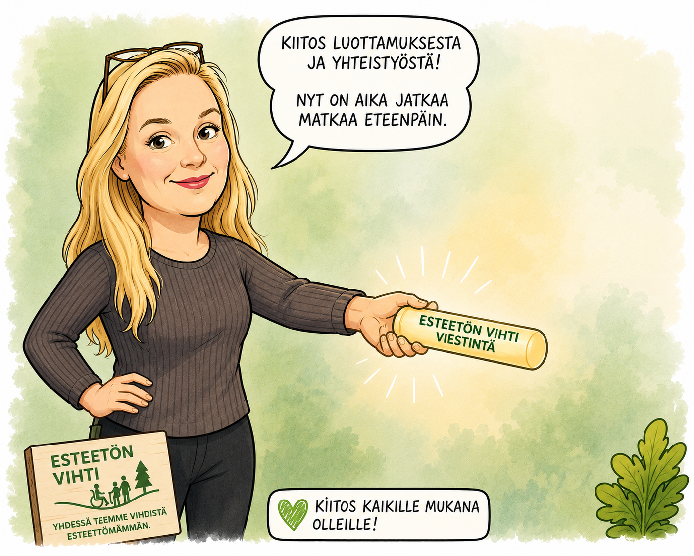 Piirroskuva henkilöstä, joka pitelee 'Esteetön Vihti viestintä' -tekstilaattaa. Puhekuplassa lukee kiitosviesti yhteistyöstä ja eteenpäin siirtymisestä. Kuva luotu käyttäen tekoälyä.